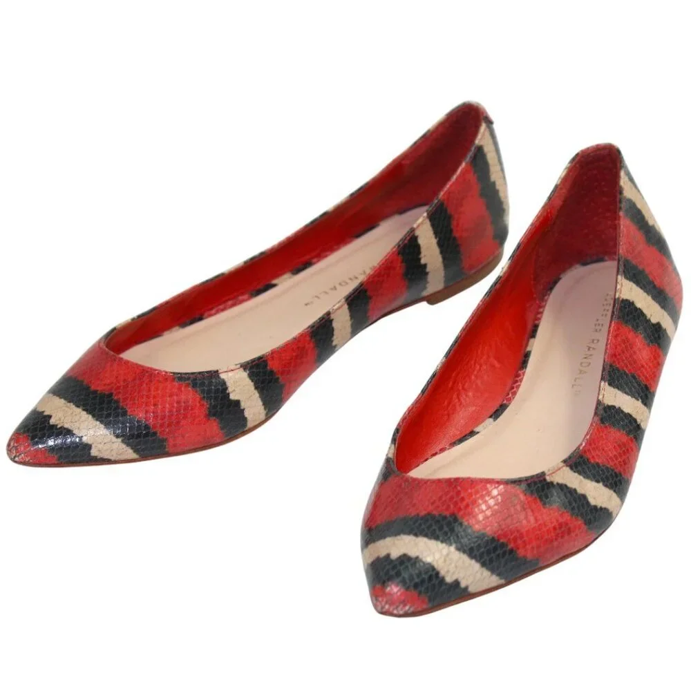 Loeffler Randall Statement Striped Pointed Toe Flats Red Black White Size 6